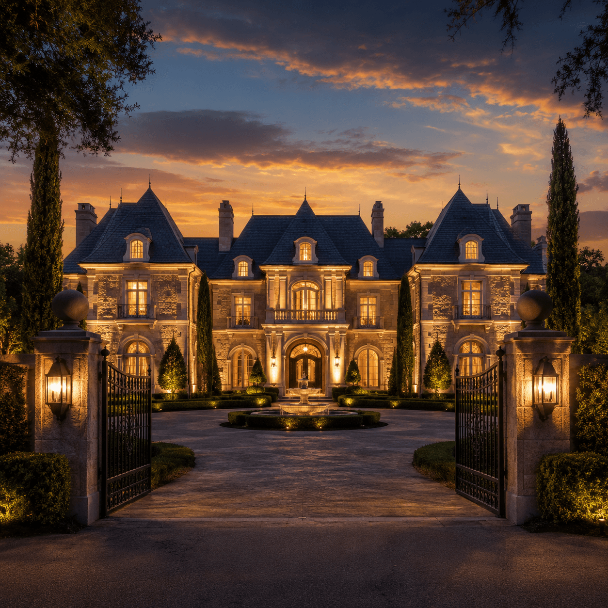 Grand estate at twilight through gated entrance