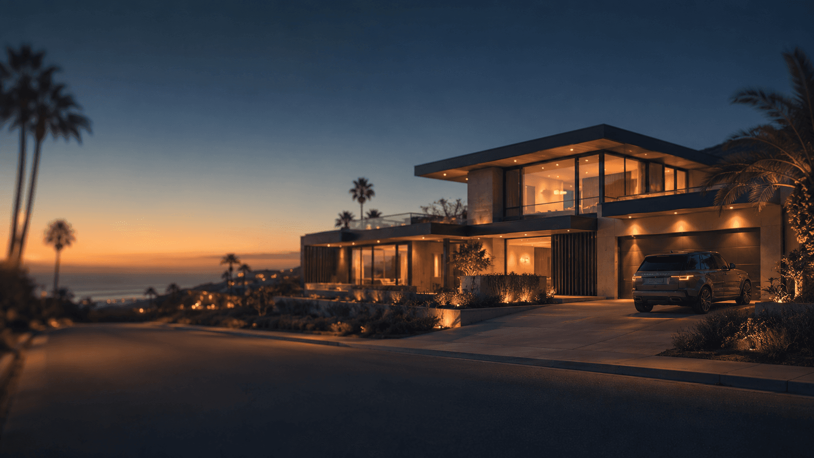 Modern coastal home glowing at dusk