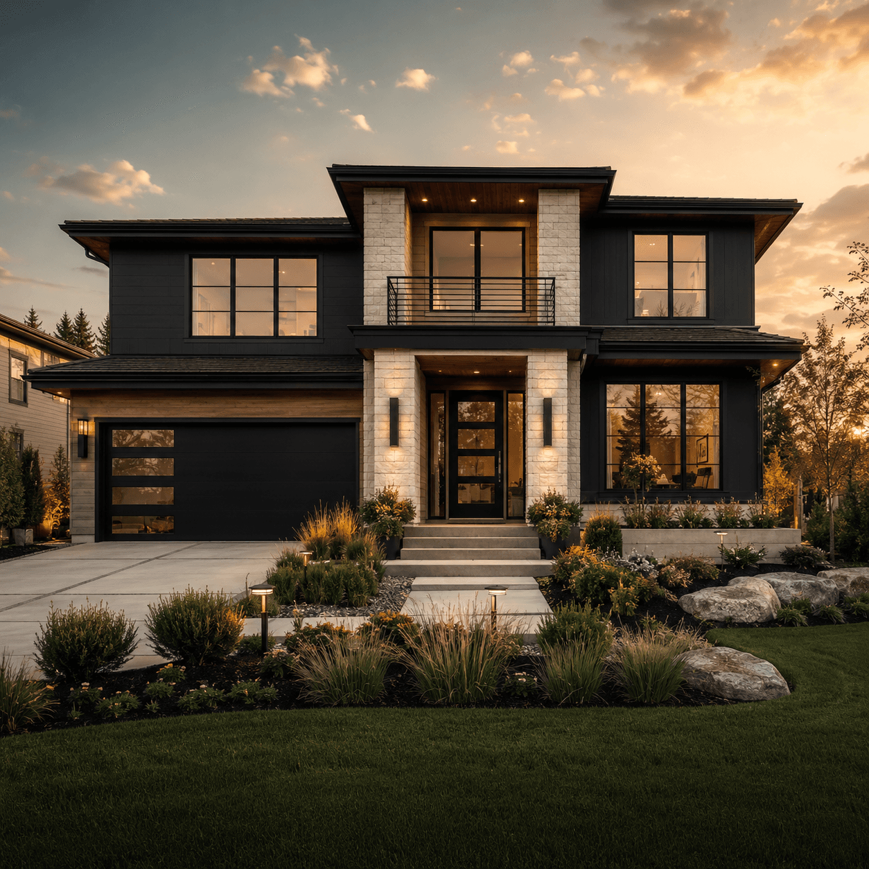 Modern luxury home at dusk with glowing interior lights